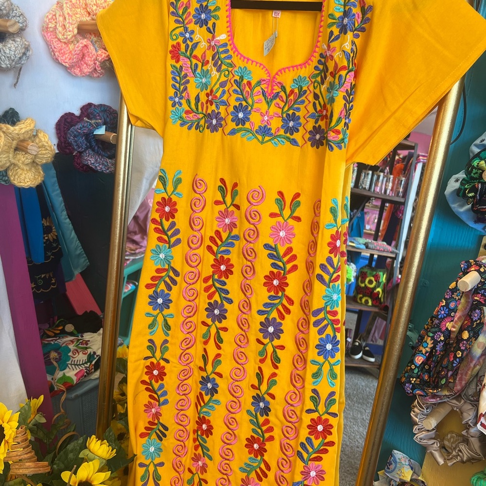 Floral Embroidered Yellow Midi Dress